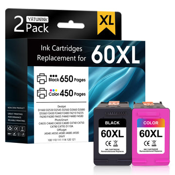 60XL Ink Cartridges Compatible for HP 60 Ink Cartridge Combo Pack Color and Black Works with PhotoSmart C4780 C4795 C4600 Envy 100 Printer (Black, Color) 2Pack