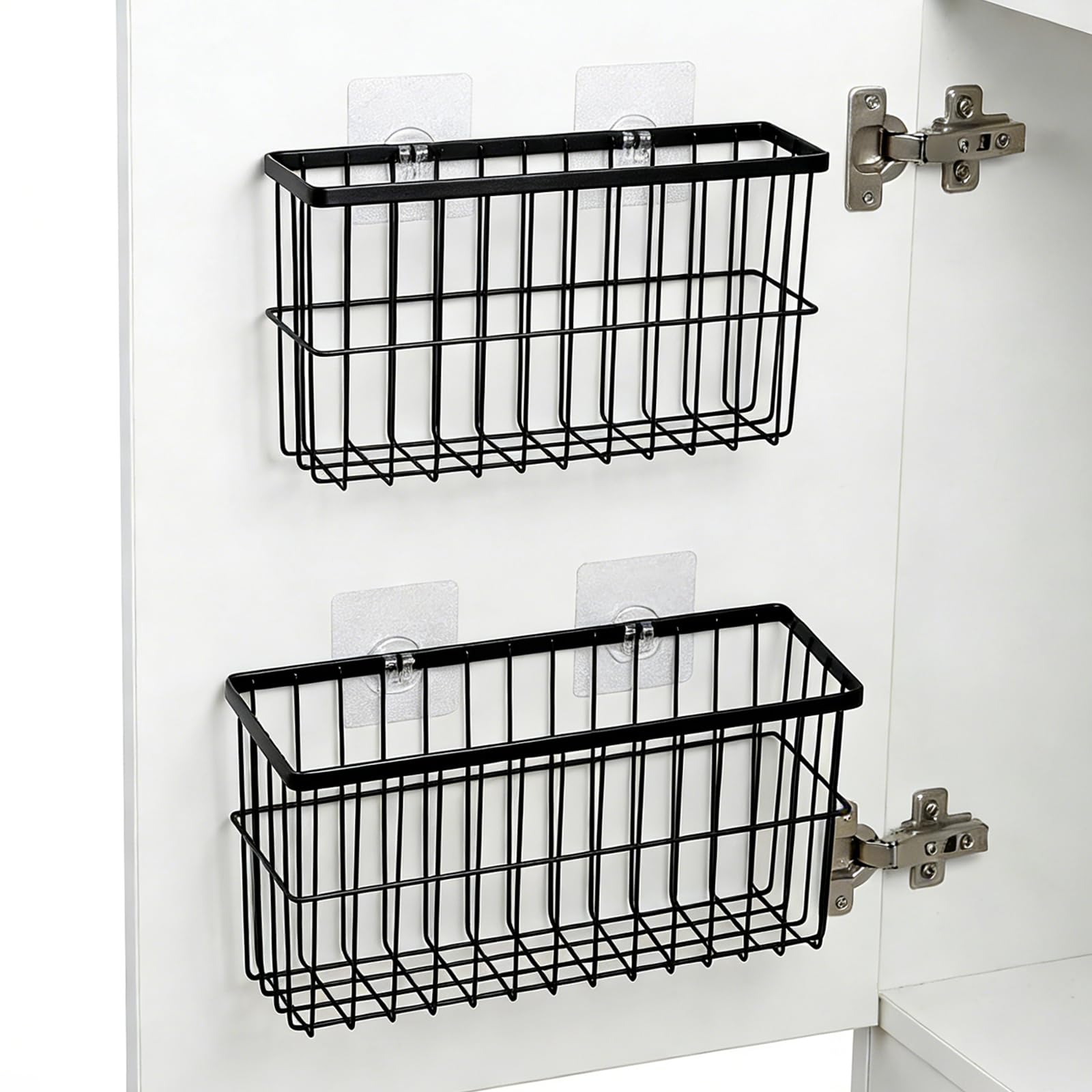 FAMNONE 2 Pack Adhesive Cabinet Door Organizer – 5.9” Deep Lid Organizer for Cabinet, No Drill Wall Mounted Storage Box for Pantry Door, Kitchen & Bathroom Space Saving Organizer