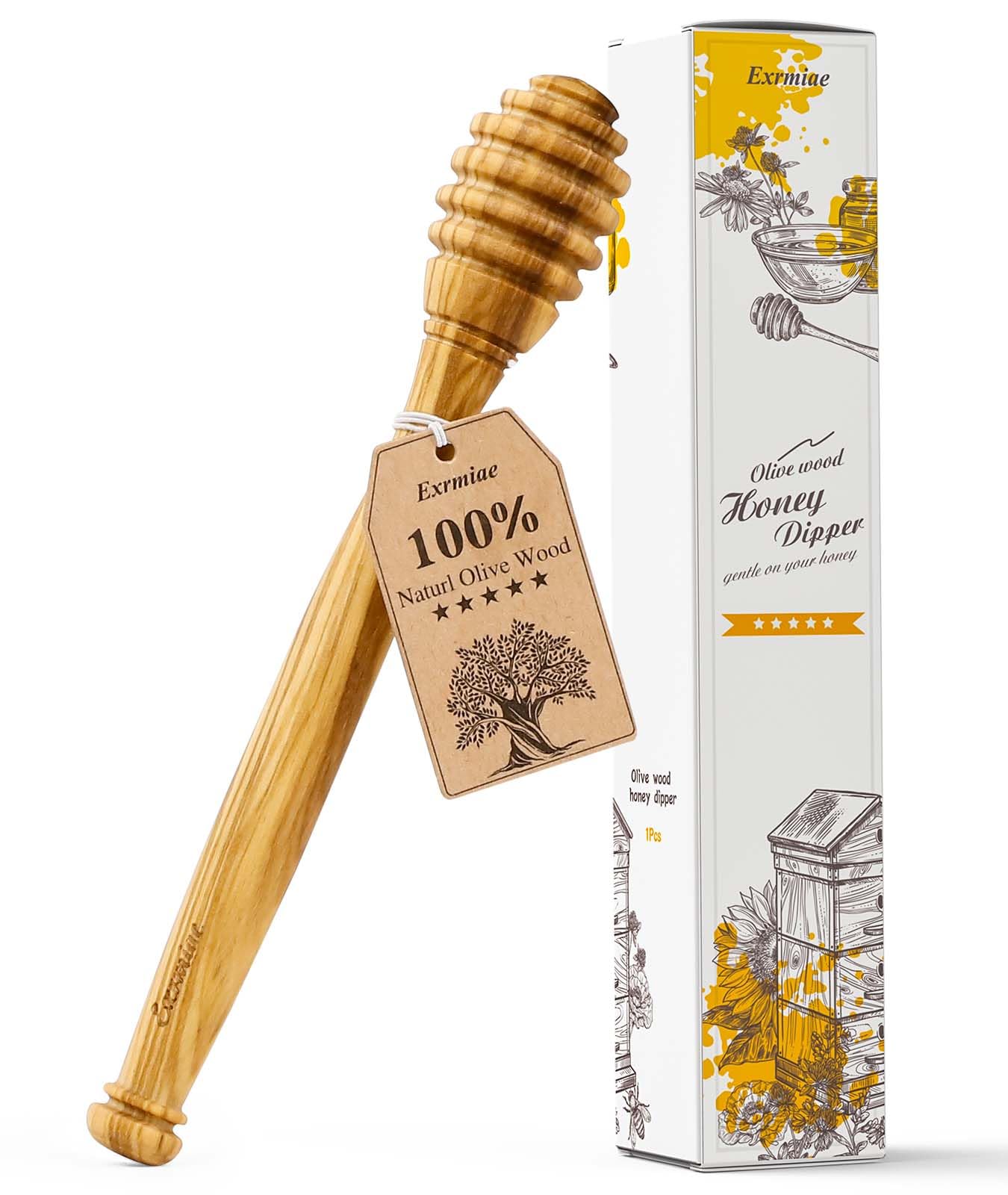 Traditional Olive Wood Honey Dipper - Durable & Warp-Resistant, Preserves Honey Purity, 1pcs, 6.3 Inch