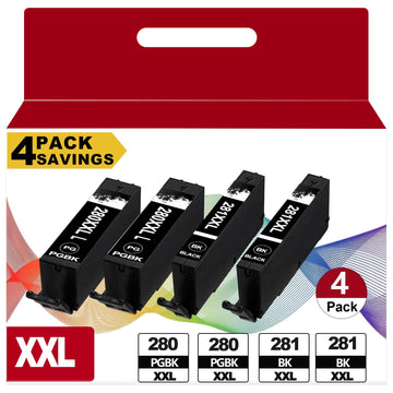 4 Pack PGI-280XXL CLI-281XXL Black Ink Cartridges Replacement for Canon 280 XXL 281 XXL Fit for Cannon TR8620a TR8620 TR8520 TR8600 TR7520 TS702a TS9520 TS9521C TS6120 TS6220 TS8220 TS9120 Printers