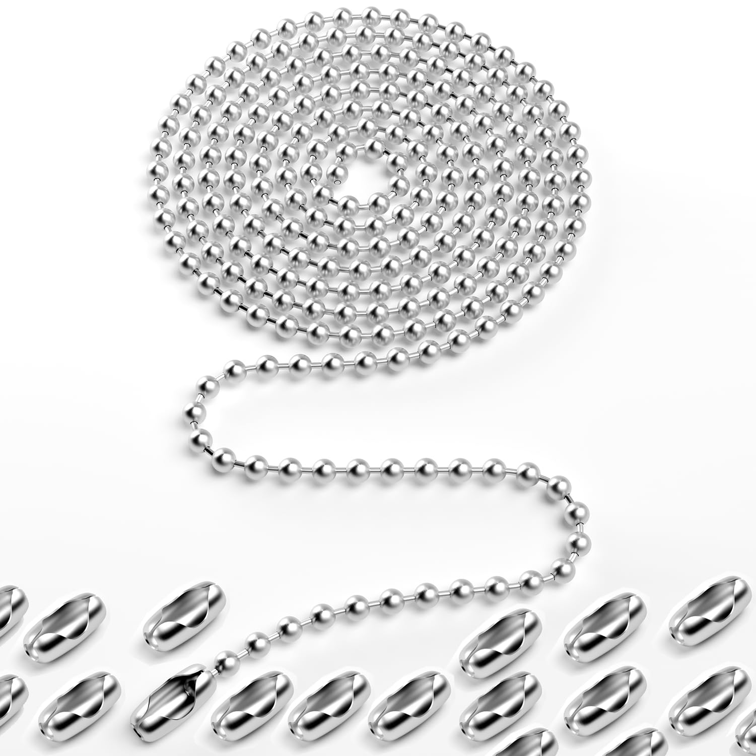 240 Inch Ceiling Fan Pull Chain Extension, Rust Proof Stainless Steel 3mm Beaded Ball Chain with 36 Matching Connectors for Ceiling Fans/Light Fixture and Crafts(Silver)