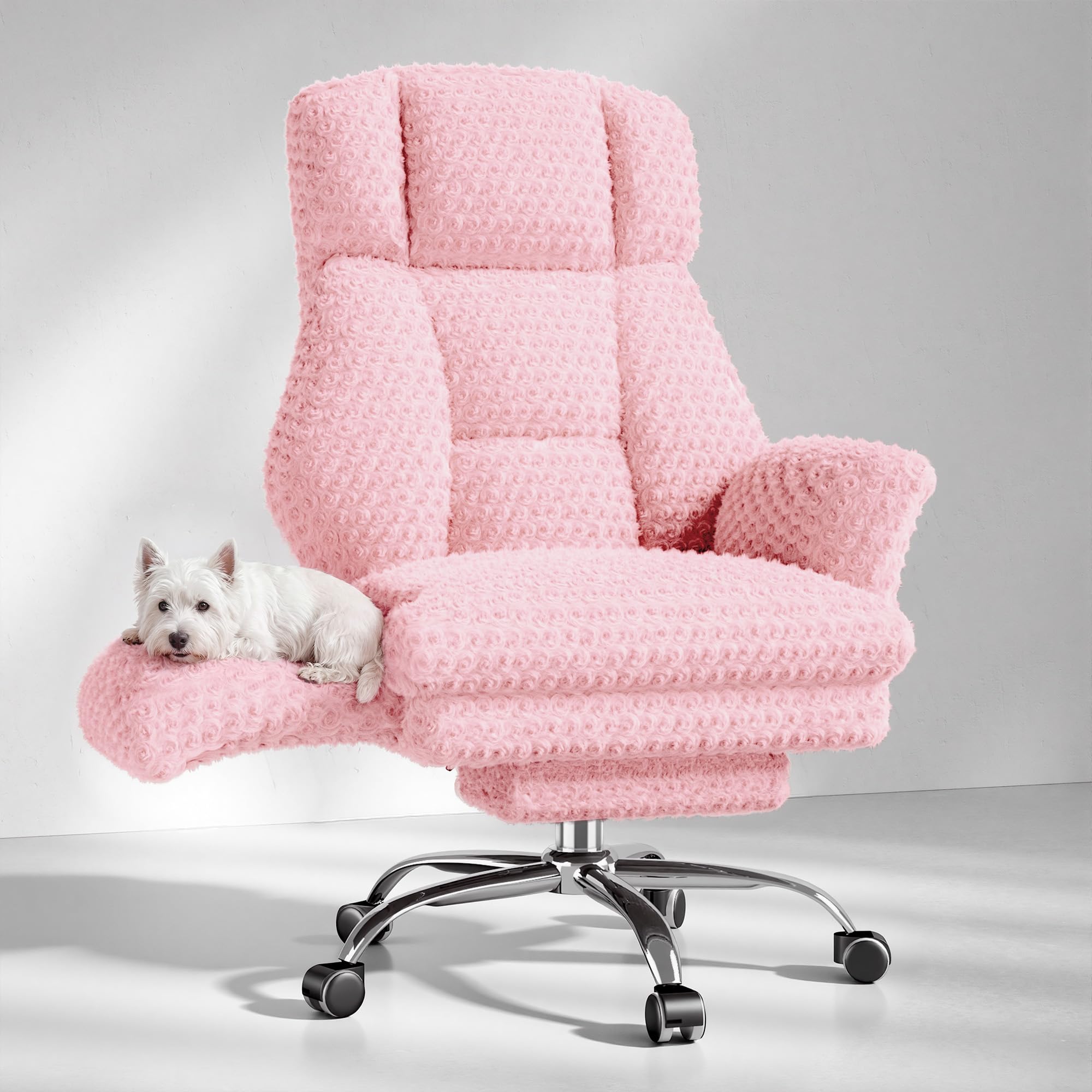 Big and Tall Office Chair, Flip Armrests for Pets & Cross Legged Sitting, Pink Rose Velvet