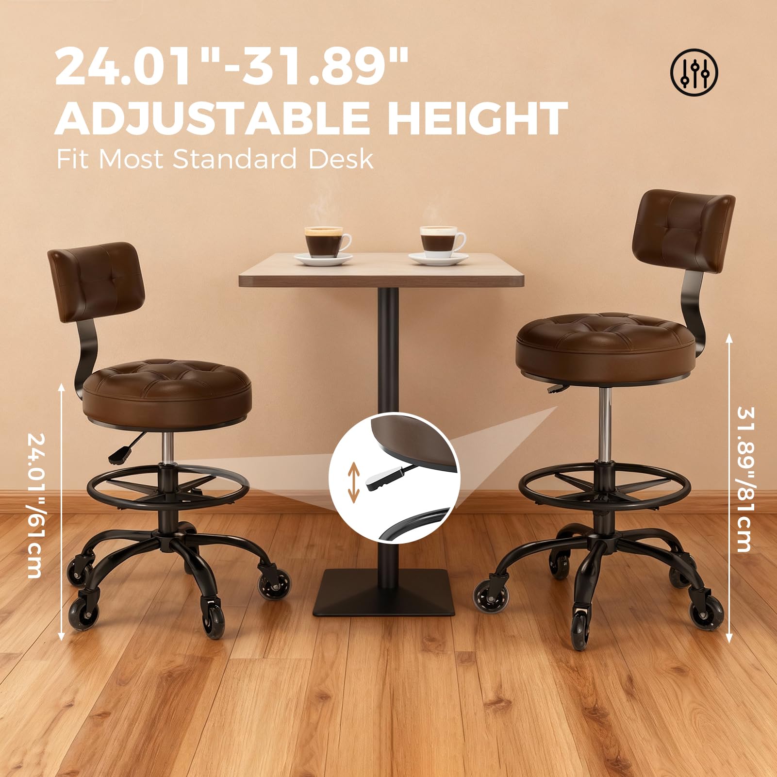 Freekyrock Office Drafting Chair with Footrest, Tall Height Adjustable Stool with Back Support, Heavy Duty Rolling Stool Chair with Wheels for