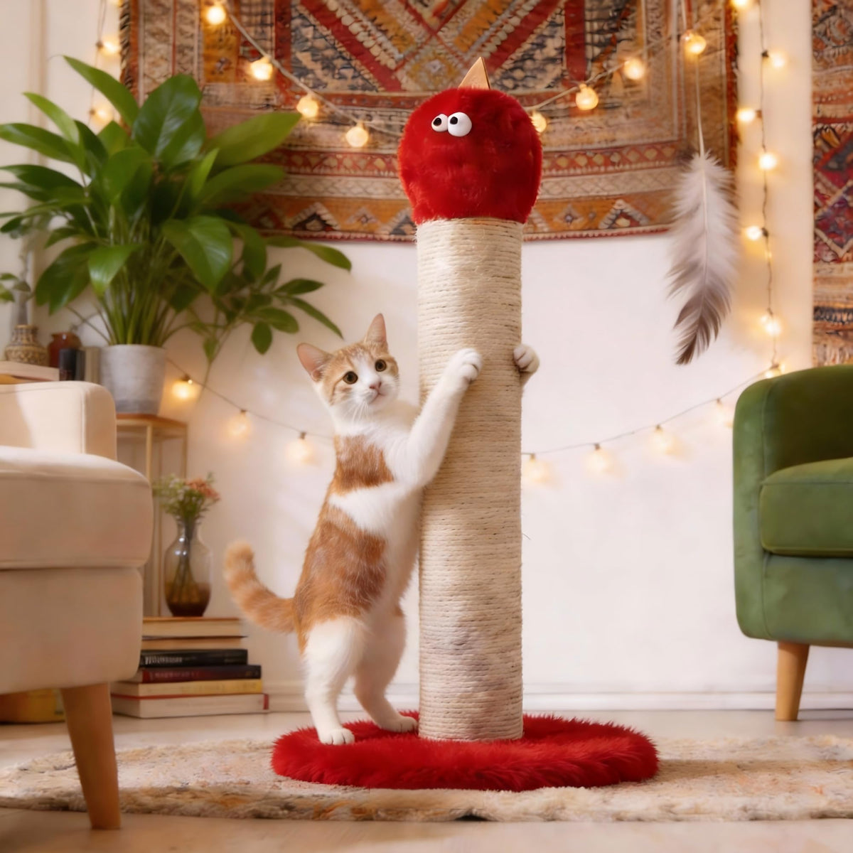 Cat Scratching Post 22'', Scratching Post with Extra Wide 12" Heavy Duty Base for Indoor Kitty, Scratching Post with Natural Sisal & Velvet Fabric for Small, Medium Cat, Red