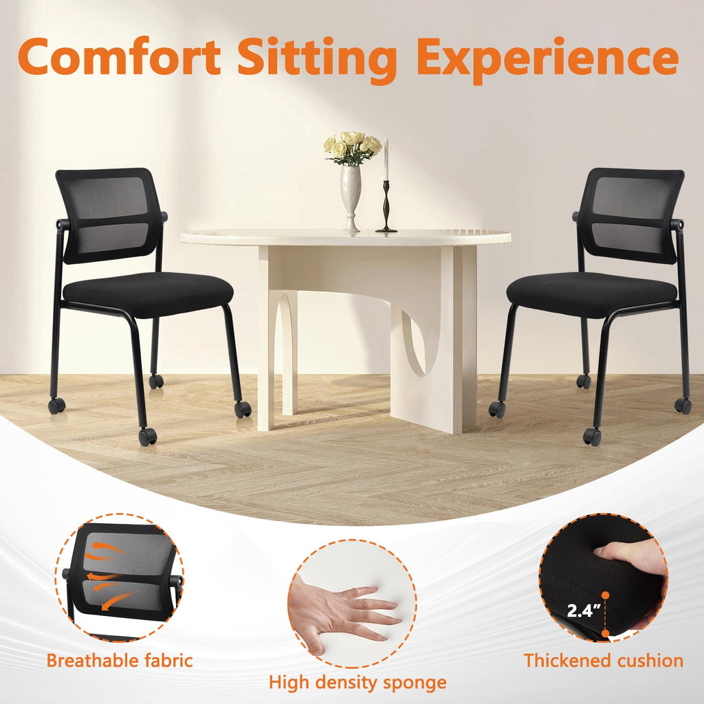 Clatina Stacking Armless Office Waiting Room Chair with Wheels, Stackable Mesh Guest Reception Desk Chairs with Adjustable Backrest for