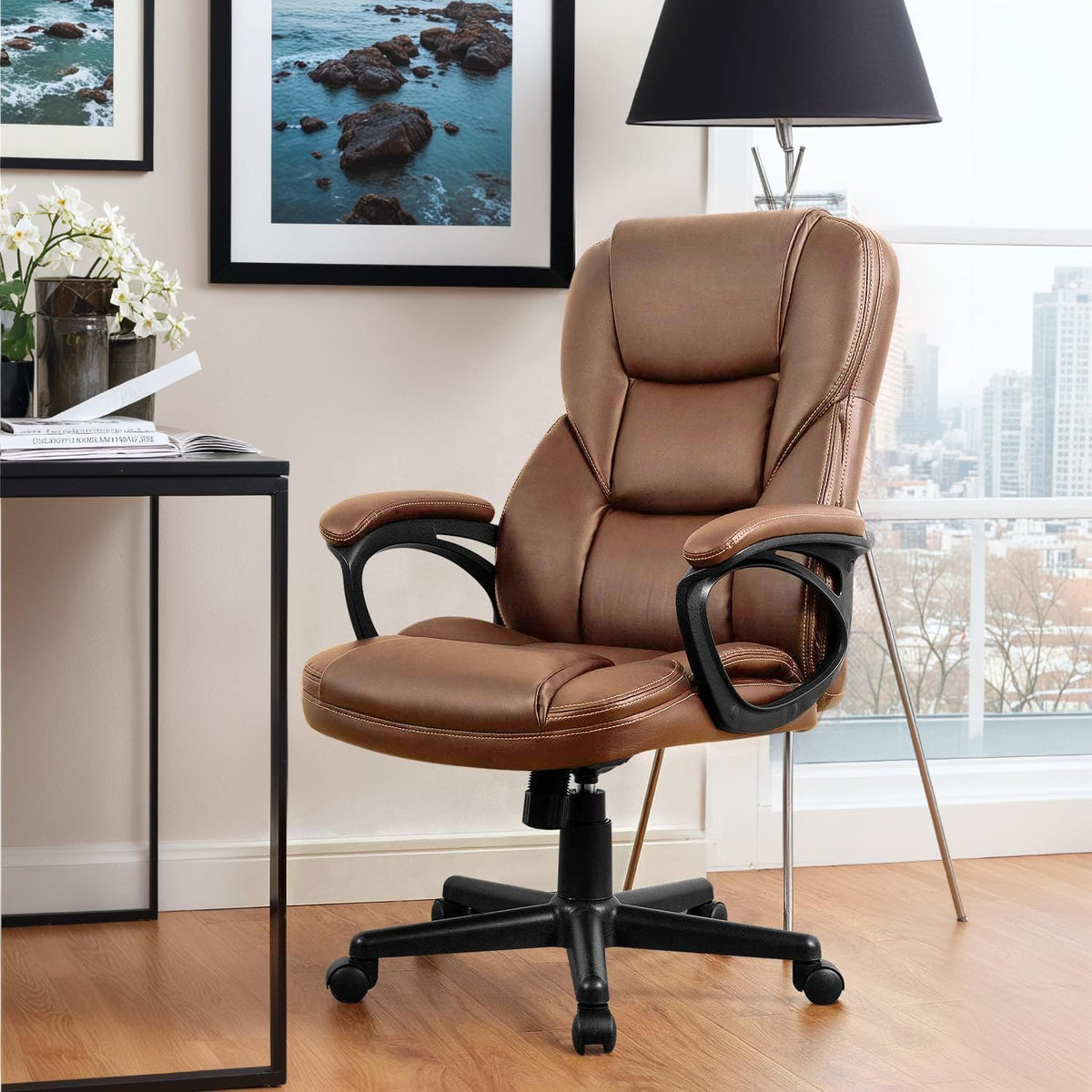Furmax Office Executive Chair High Back Adjustable Managerial Home Desk Chair, Swivel Computer Pu Leather Chair with Lumbar Support (2, Light