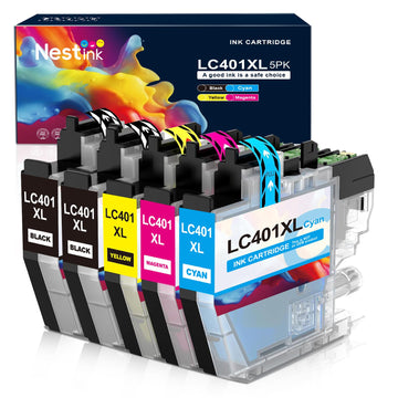 LC401XL LC401 Ink Cartridges Compatible for Brother Ink Cartridges LC401 XL to use with Brother MFC-J1010DW MFC-J1012DW MFC-J1170DW Printer Ink 401 (5 Pack, 2 Black 1 Cyan 1 Magenta 1 Yellow)