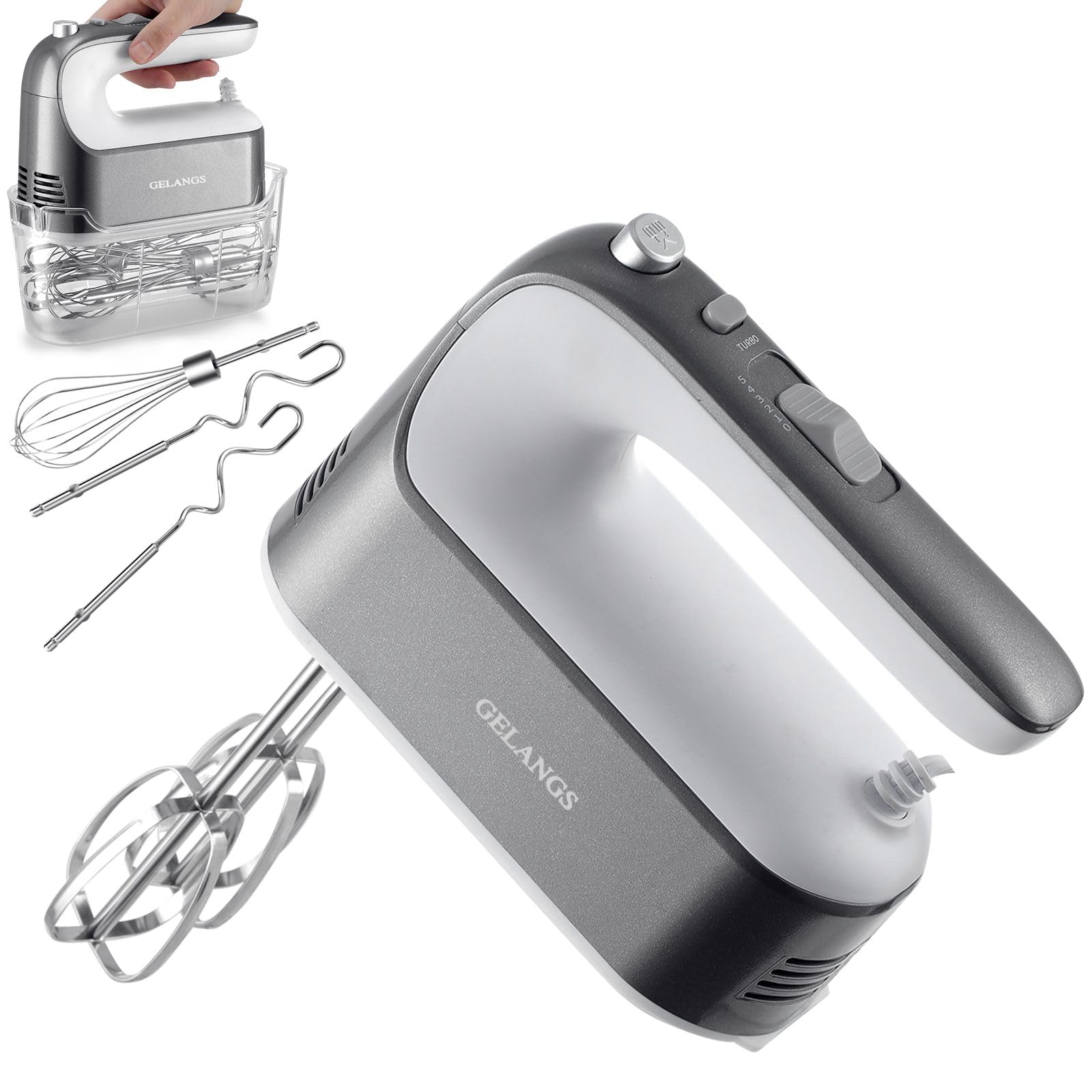 GELANGS-400W Hand Mixer with Turbo Boost - 5-Speed, One-Touch Release, Copper Motor - 5 Dishwasher-Safe Attachments - 110V Heavy Duty Mixer for Baking, Whipping & Dough