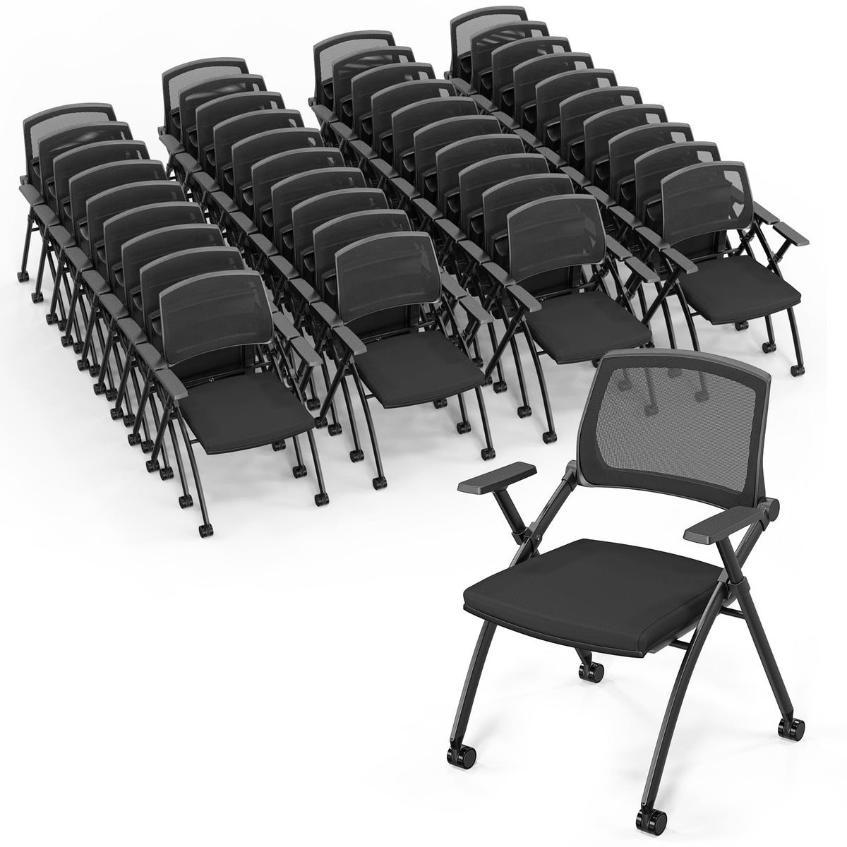 Vingli 40 Pack Stackable Conference Room Chairs with Wheels, Folding Office Chair with Rebound Back, Padded Seat for Training Room, Guest,