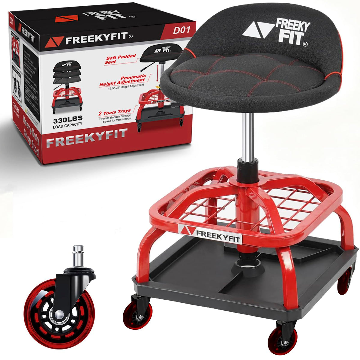 Freekyfit Rolling Stool with Red Wheels, Heavy Duty Garage Work Mechanic Rolling Shop Stool with Backrest, Adjustable Height 360°swivel Roller