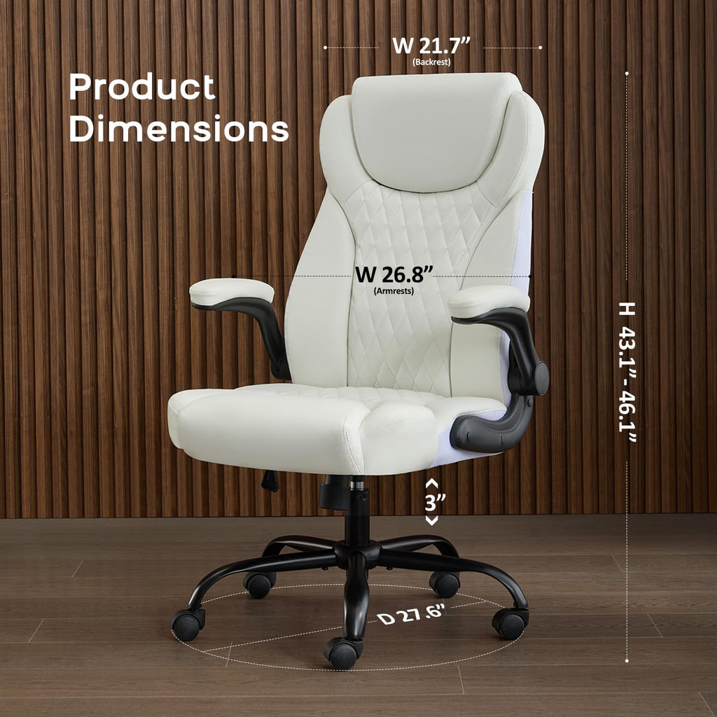 Amseatec Big and Tall Office Chair, Flip-up, Executive Desk Chair, White, Oversized