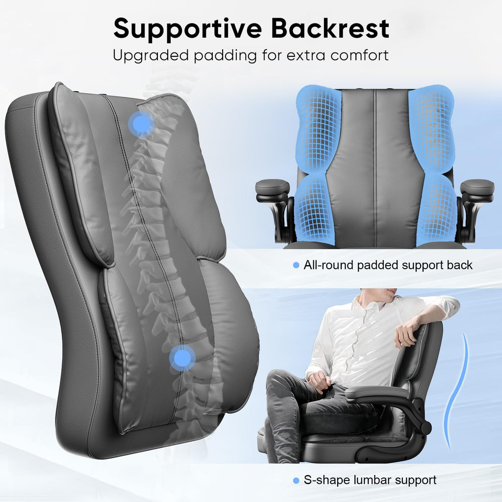 Kensaker Ergonomic Executive Office Chair with Adjustable Headrest & 90° Flip-up Arms, High Back Pu Leather Computer Desk Chair with 135°