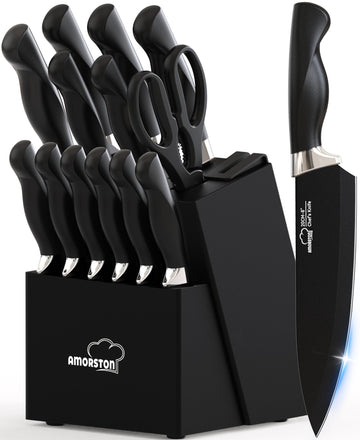 Amorston Knife Set 15 Piece Kitchen Knife Set with Block
