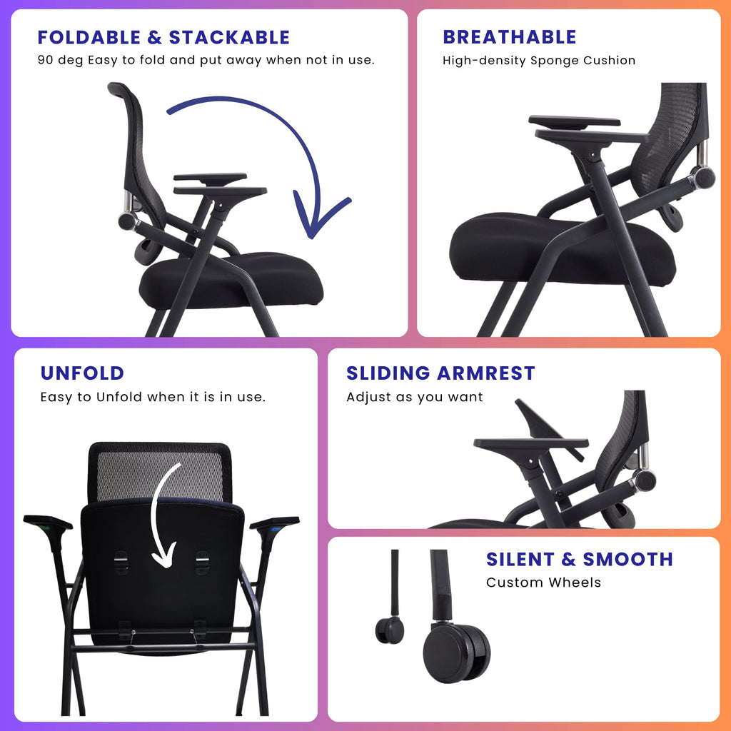 Brobriyo 4 Pack Stackable & Foldable Conference Room Chairs with Lumbar Support, Armrest - Ergonomic Mesh Bouncing Back for Office Meeting,