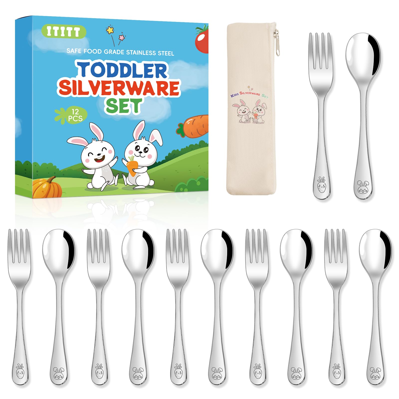 12 Pieces Stainless Steel Toddler Utensils Set - Food Grade Kids Silverware Set Children Safe Small Forks and Spoons Mirror Polished Sturdy and Durable Dishwasher Safe