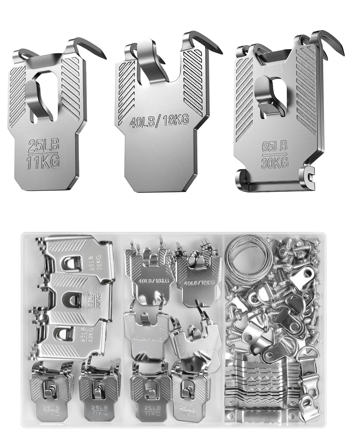 111Pcs Picture Hanging Kit Hooks: 25 40 65 LB Drywall Picture Hangers Claw Hardware - Tool Nail Free No Damage Heavy Duty Wall Hanger for Room Office Mirror Photo Poster Frame Decor