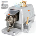 Extra Large Stainless Steel Litter Box with Lid, High Sided Enclosed Metal Cat Litter Pan, Dog Proof Front Entry Top Exit, Odor Control Easy Clean Leak Proof, Includes Scoop & Step, Light Gray