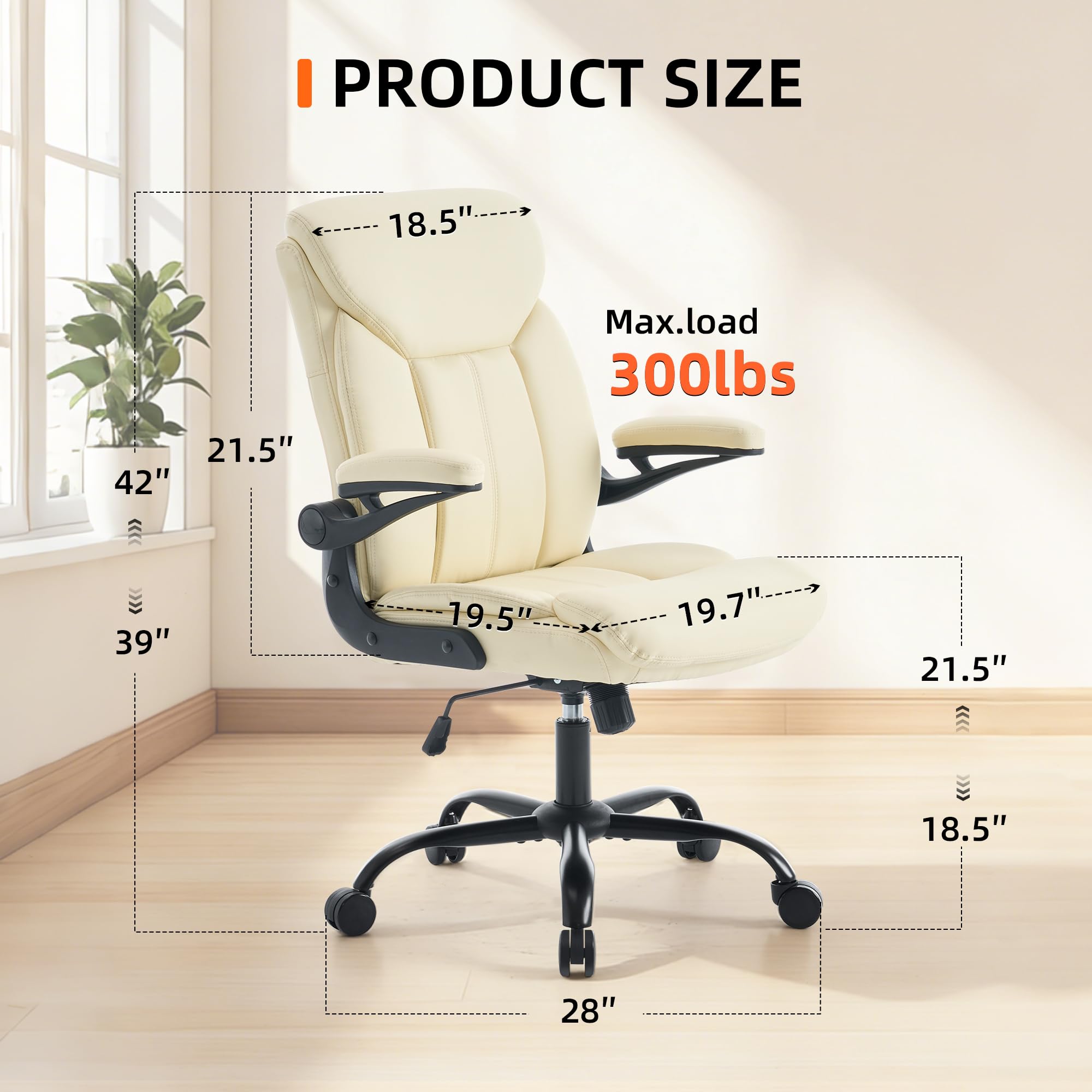 Fmolat Ergonomic Home Office Chair Pu Leather Comfy Computer Chair, Beige, 19.7"W x 19.5"D x 39"-42"H