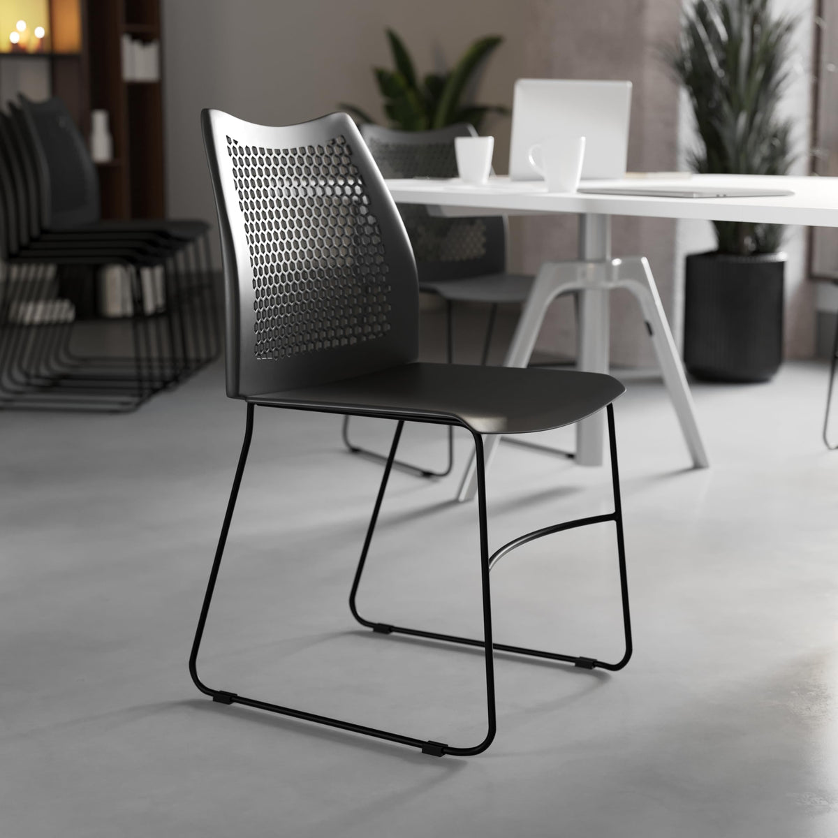 Flash Furniture Hercules Series 661 Lb. Capacity Black Stack Chair with Air-vent Back and Black Powder Coated Sled Base, Set of 1