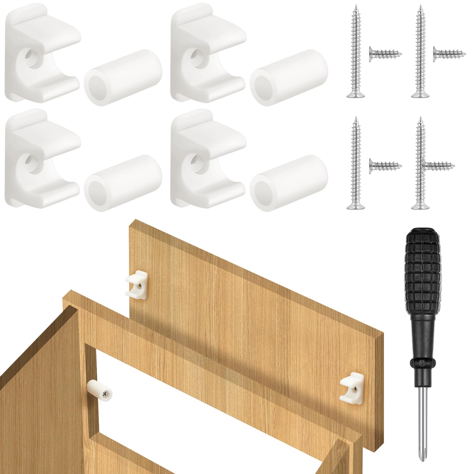 Juexica False Cabinet Front Clip False Drawer Front Clips Sink Tip Out Snap with Screws Screwdrivers for Hardware Replacements(White,4 Pairs)