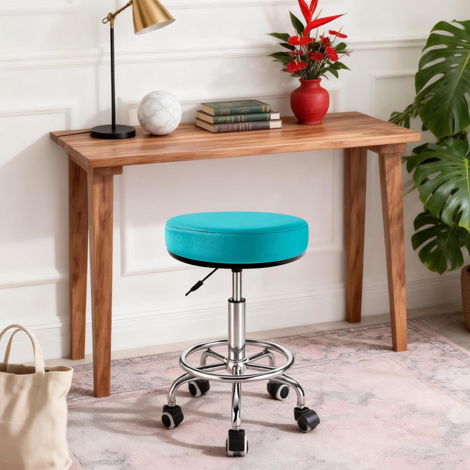 Peonaz Heavy Duty Round Rolling Stool 500lb, Pu Leather 360-degree Support Full-edge Cover Layer Drafting Chair with Wheels, Height Adjustable