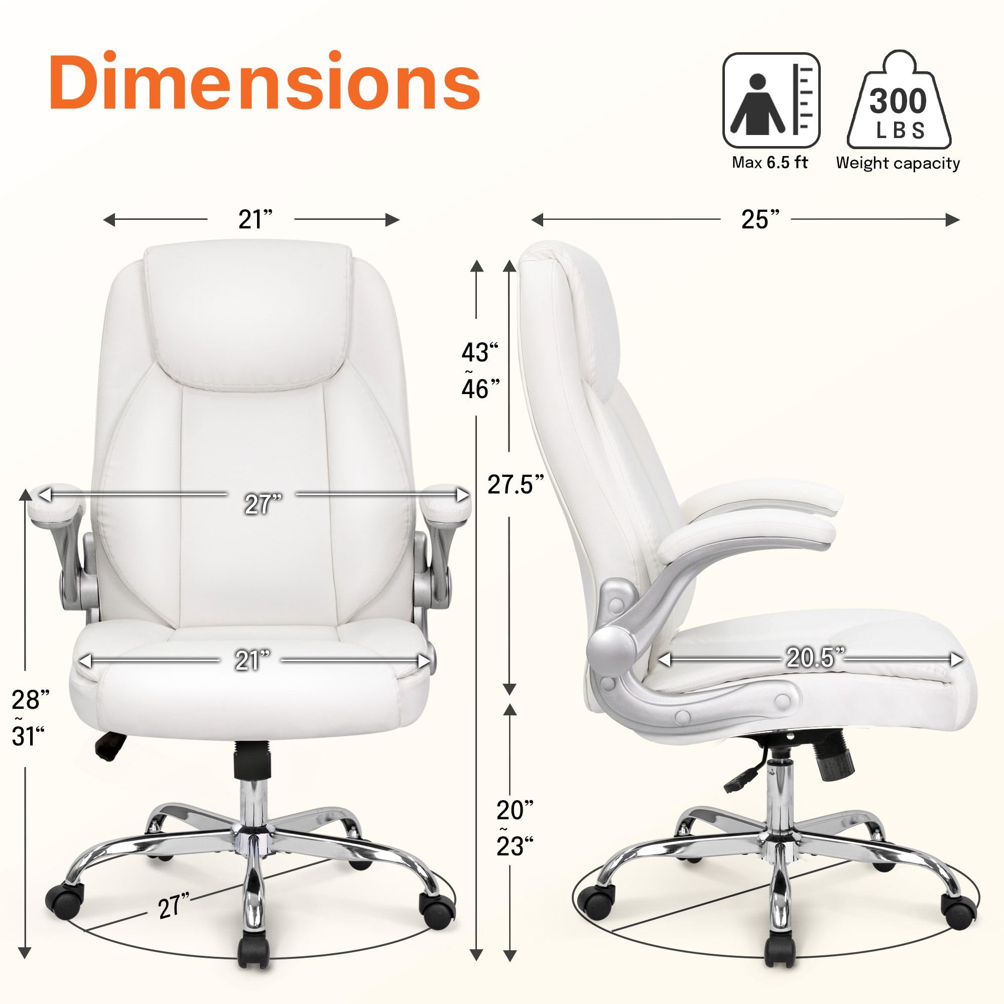 Neo Chair Office Desk Chair, High Back Pu Leather with Flip-up Arms, White, 27 inches x 27 inches x 46 inches