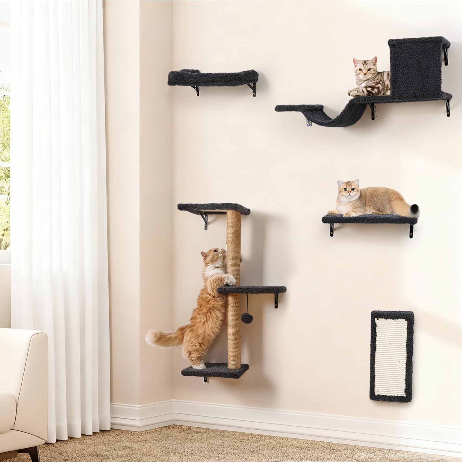 5-in-1 Cat Wall Shelves for Indoor Cats, Wall Mounted Furniture with Bed, Cave, Perch & Scratching Post, Multi-Level Climbing System, Space-Saving Playground, Natural Wood Gray