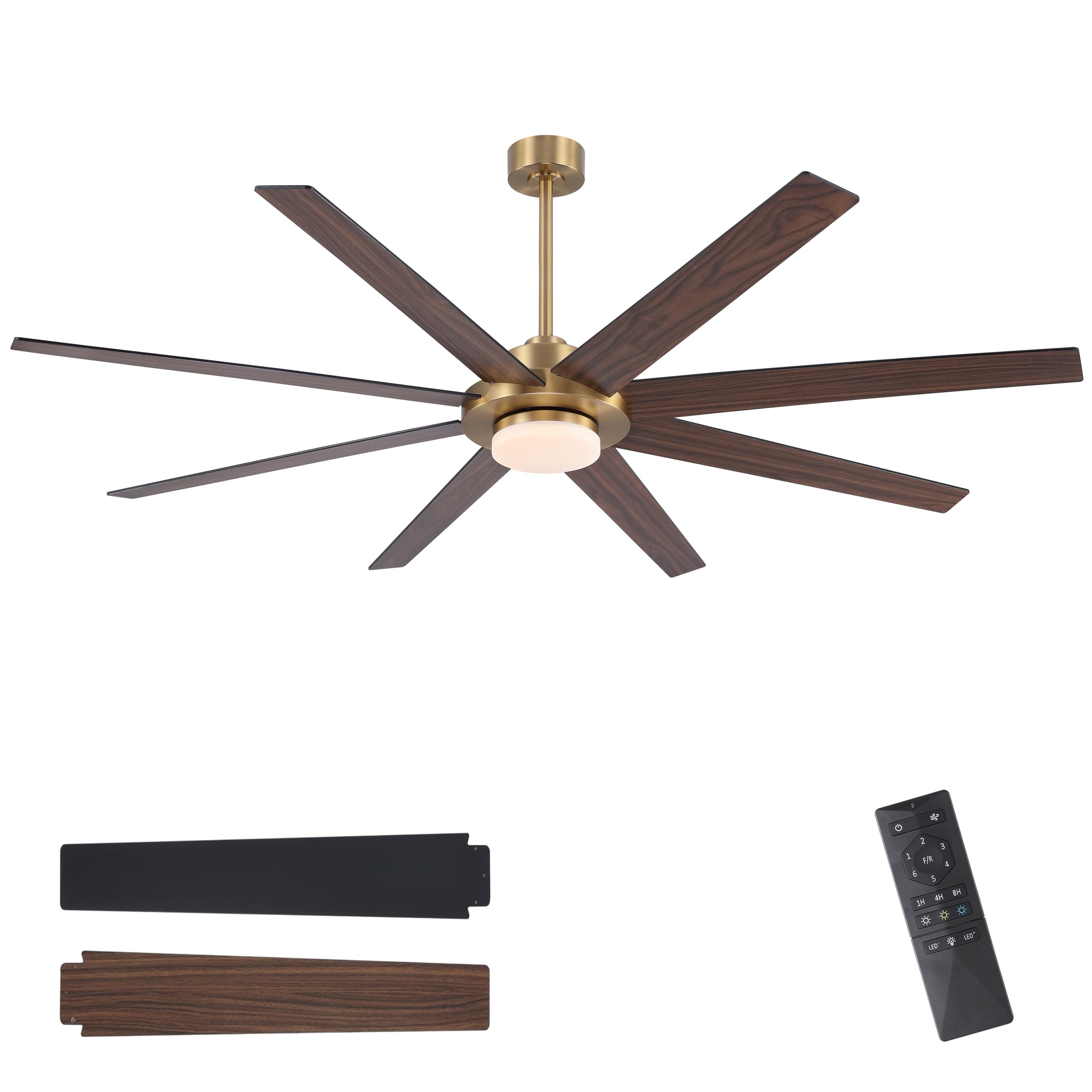 WINGBO 72" Ceiling Fan with Light and Remote Control, 6 Speed Reversible DC Motor, Dimmable LED Light, for Home and Commercial Use, Living Room/Shop/Warehouse Gold Black/Walnut