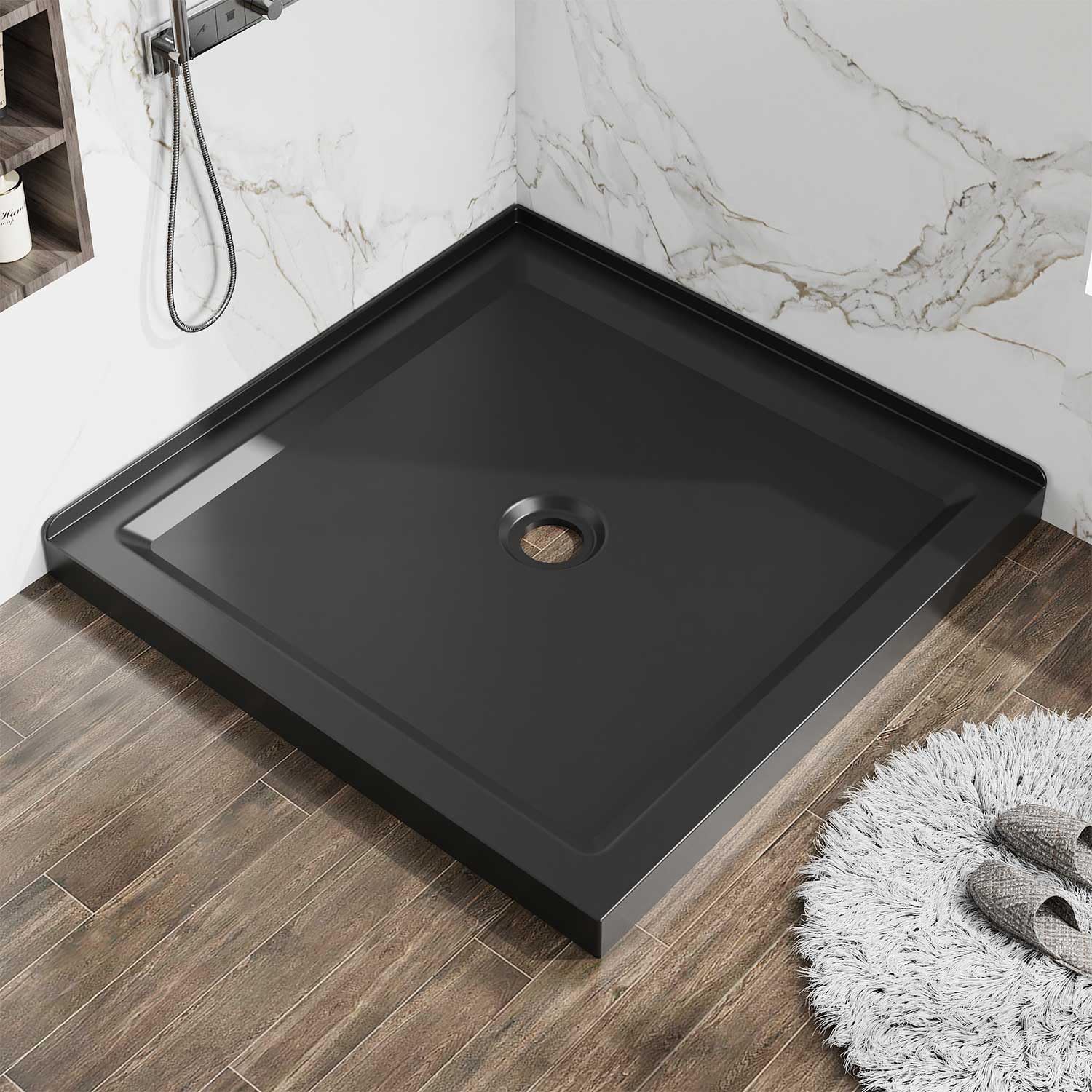 36" x 36" Shower Base with Center Drain, Double Threshold Acrylic ABS Pan, Anti-Slip Textured Surface, Easy Install, Black Bathroom Basin for Walk-in or Sliding Shower Doors,Black