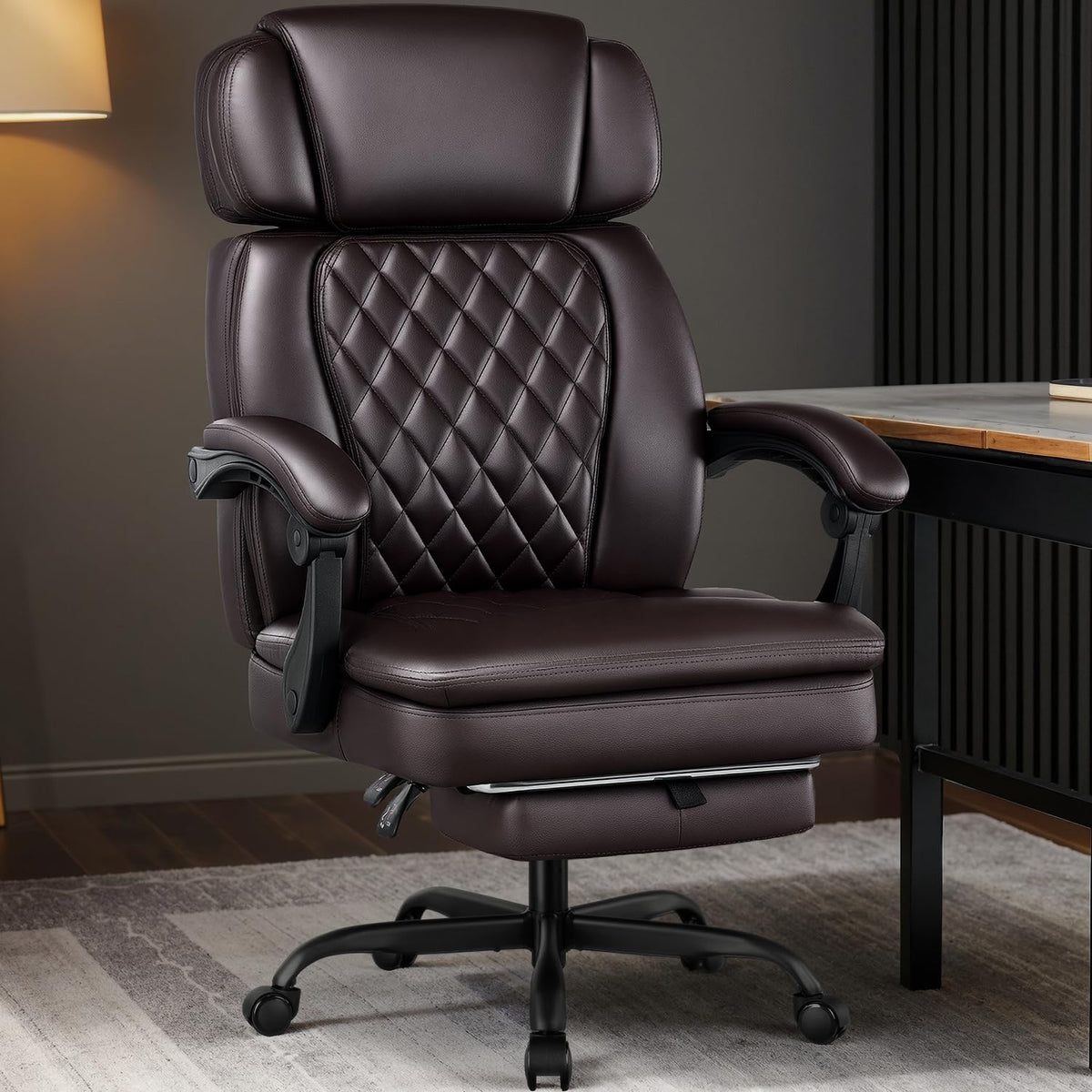 400lbs Executive Office Chair with Foot Rest for Heavy People, Ergonomic Big and Tall Desk Chair with Adjustable Headrest, High Back Pu Leather