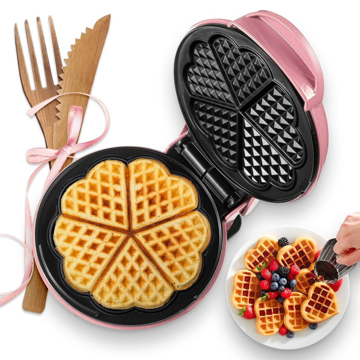 Mini Waffle Maker(Heart),Small Waffle Maker Keto,Mini Wafflera Iron for Kids Family and Individuals,7'' Non Stick Cooking Plates with Fast & Even Heating