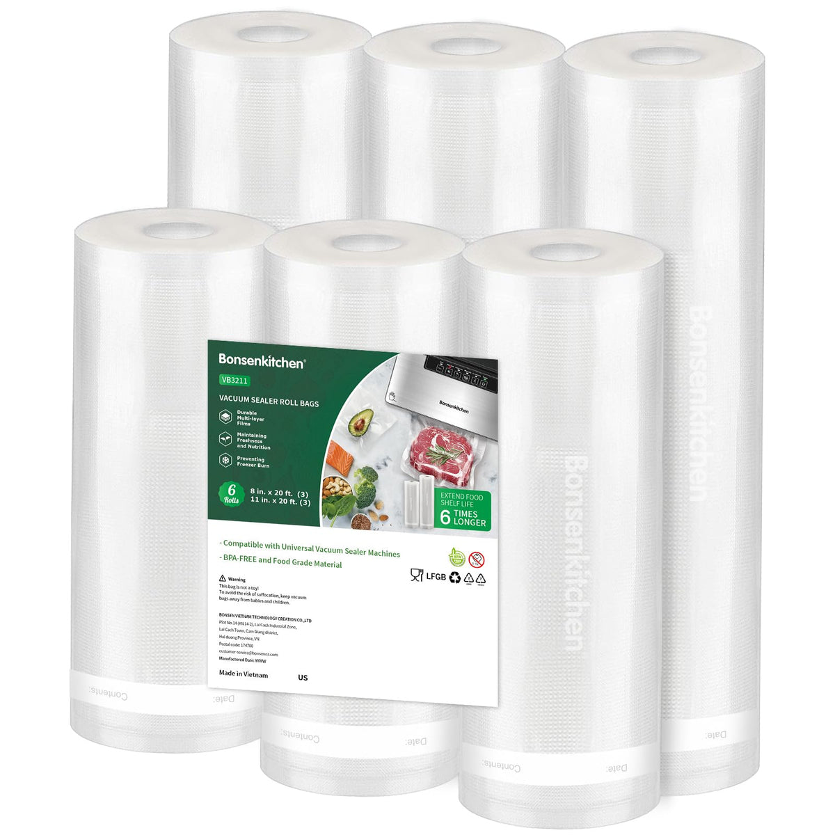 Bonsenkitchen Vacuum Sealer Rolls Bags, 6 Pack 3 Rolls 11" x 20' + 3 Rolls 8" x 20' Commercial Grade BPA Free Bag Rolls, Durable Customized Size Food Vac Bags for Storage and Sous Vide Cooking VB3211