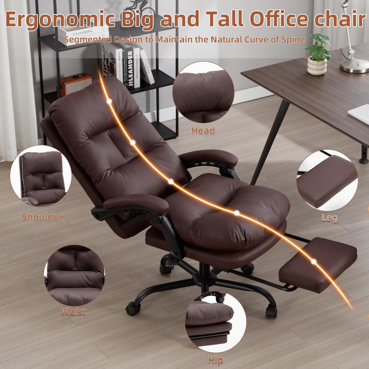 Haranuo Office Chair, Ergonomic Executive Conference Room Chairs, Ribbed Leather Desk Chair with Lumbar Support, Adjustable Height Mid-back