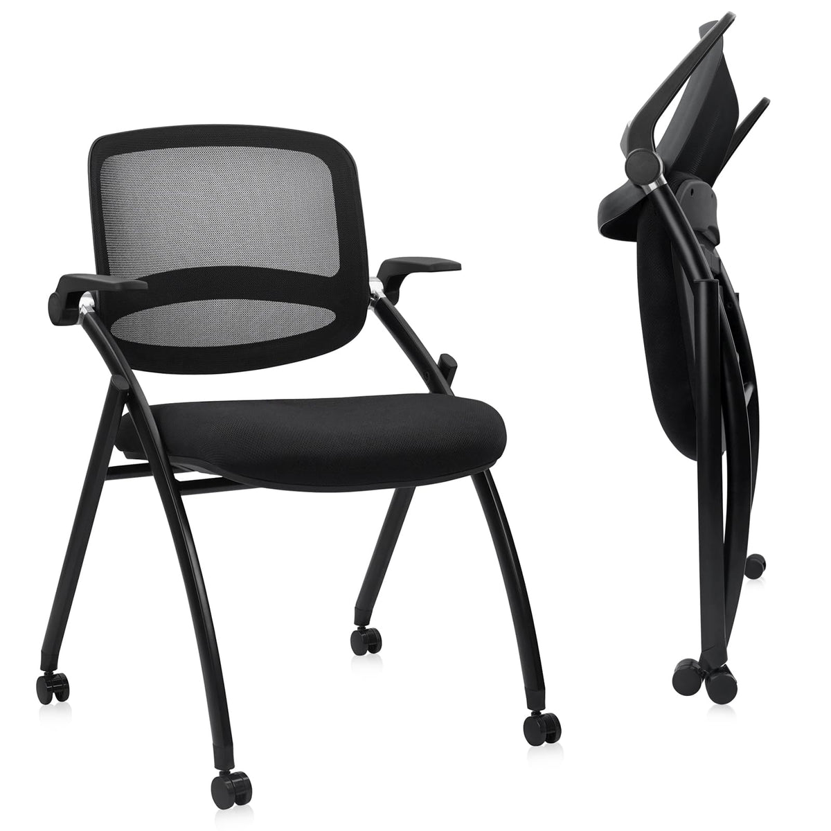 Clatina Stackable & Foldable Conference Chair with Wheels, Ergonomic Mesh Back, 300lbs Capacity, Breathable Padded Seat, Adjustable Armrests,