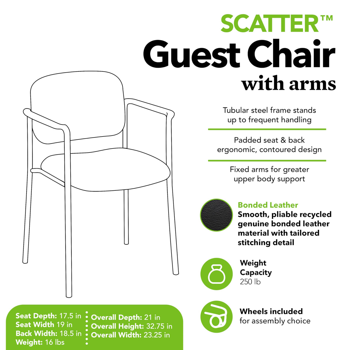 Hon Scatter Guest Chair with Arms, Leather Office Chairs, Black, Black - Leather Back - with Arms