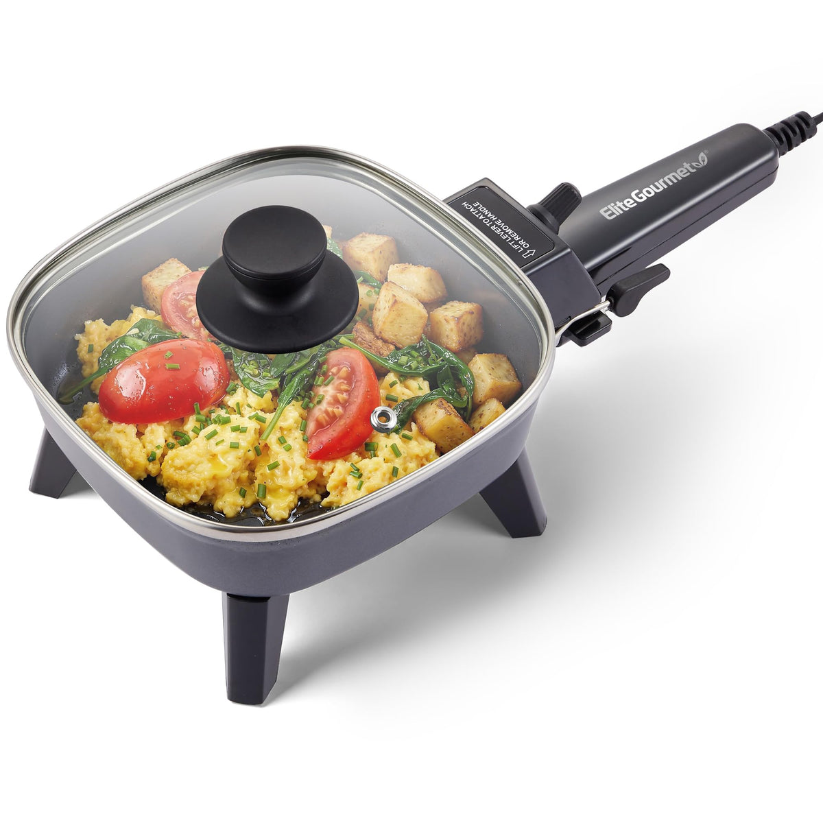 Elite Gourmet EFS059 Personal Electric Skillet, 7” Compact Portable Cooker, Adjustable Temperature, 600W Rapid Heating, Nonstick Surface, Tempered Glass Lid, Removable Handle, Black