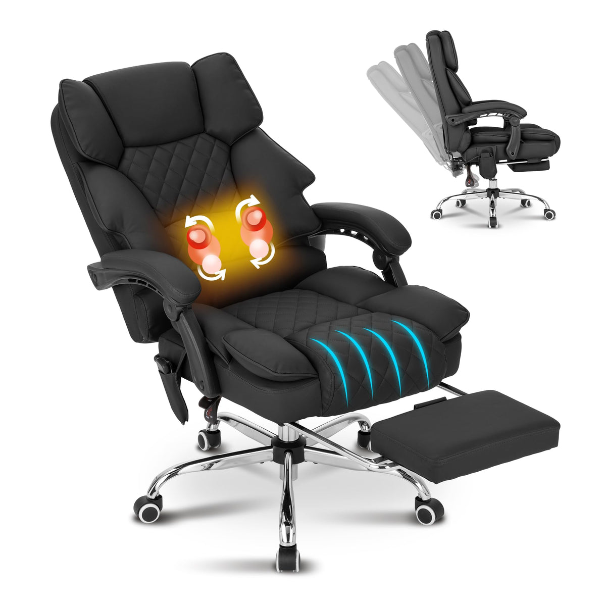 Bowthy Kneading Massage Executive Office Chair with Heated, 90-135° Reclining with Footrest,high Back Desk Chair, Diamond-stitched Cushion