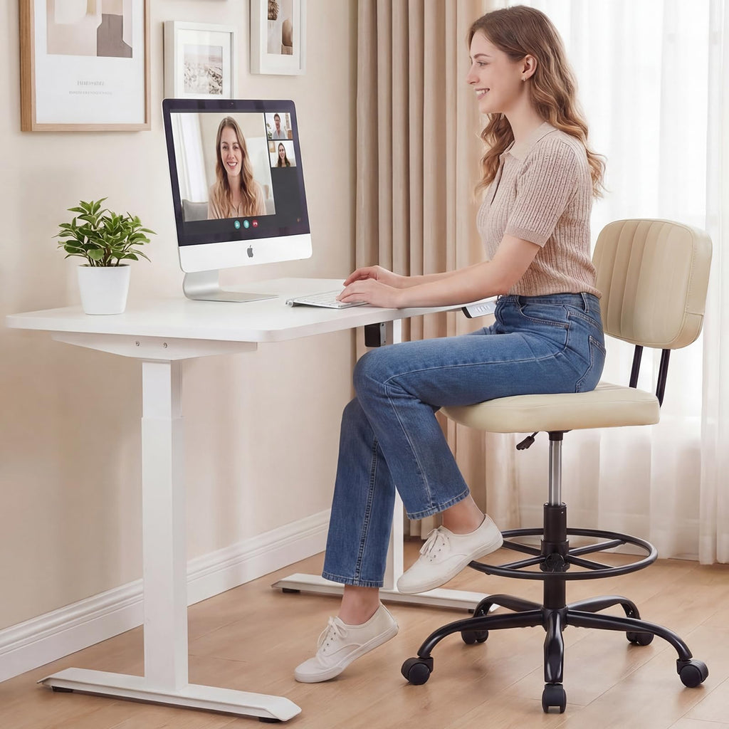 Dumos Armless Drafting Chair, Standing Desk Chair, Rolling Stool, Modern Beige