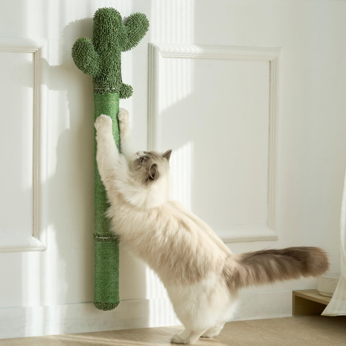 Wall Mounted Cat Scratcher, 35” Extra-Tall Vertical Sisal Scratching Post for Large Cats, Space-Saving Wall Cat Scratcher with Hanging Ball Toy, Cactus Design, Green