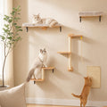 PAWZ Road Cat Wall Shelves, Wood Cat Wall Furniture with Perches & Scratching Posts, 5-in-1 Modern Climbing Set with Scratcher Pads & Climbing Ropes for Indoor Cats,Beige