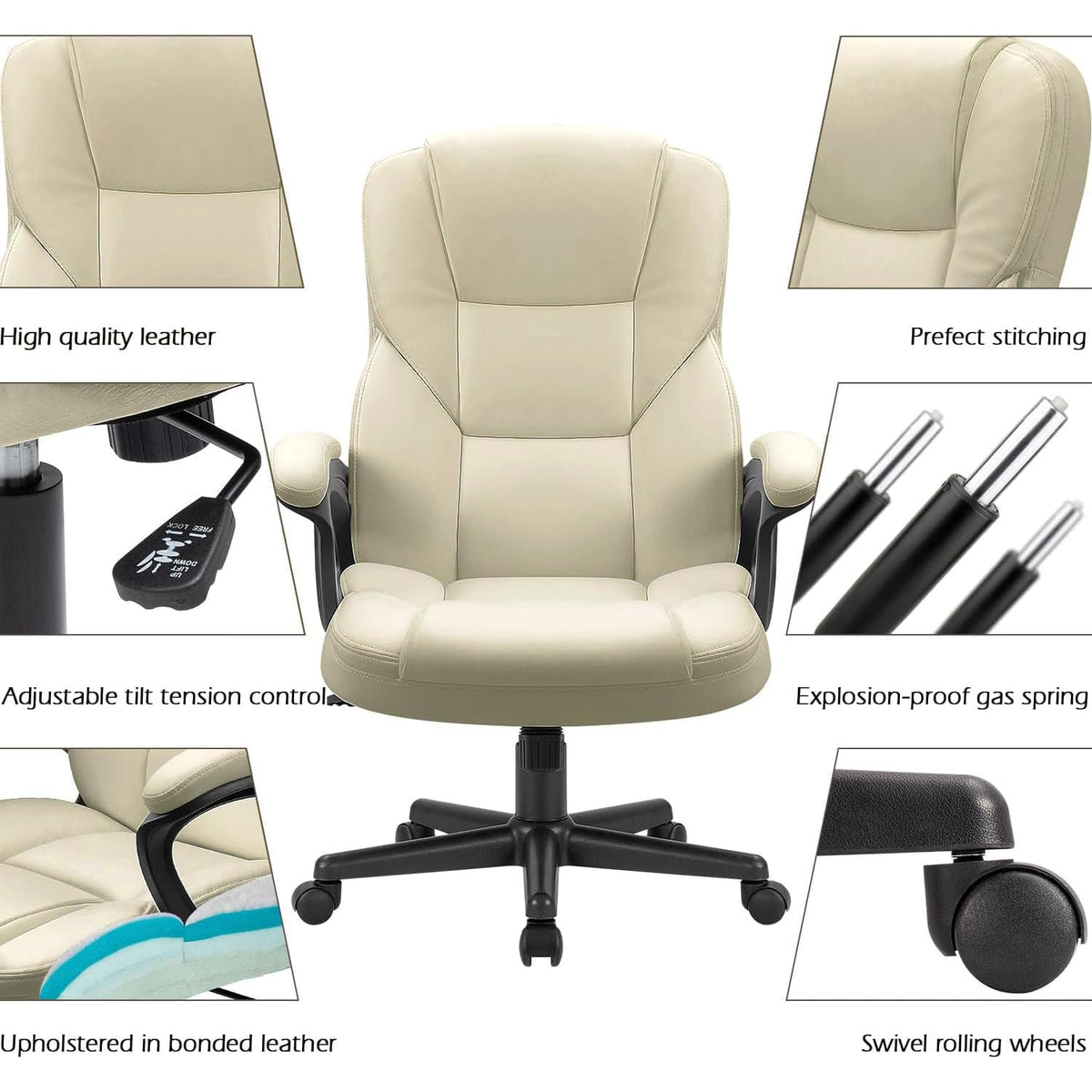 Furmax Office Executive Chair High Back Adjustable Managerial Home Desk Chair, Swivel Computer Pu Leather Chair with Lumbar Support (1, Khaki)