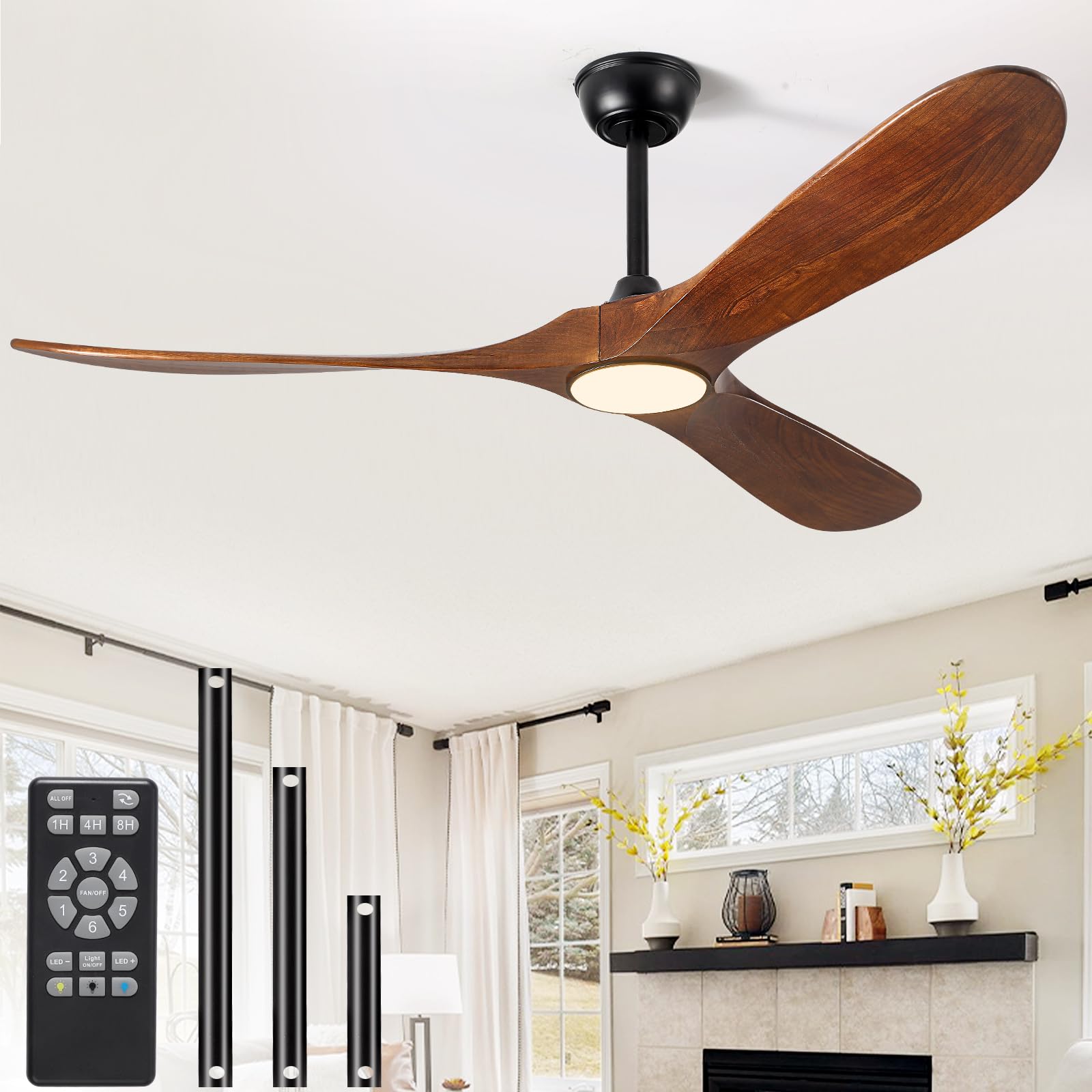 52" Ceiling Fan with Light and Remote, 6-Speed Dimmable Outdoor Ceiling Fan, High CFM Quiet 3 Blade Wood Ceiling Fan, Puoyro Modern Propeller Ceiling Fan for Outdoor Indoor Living Patio Porch (Walnut)