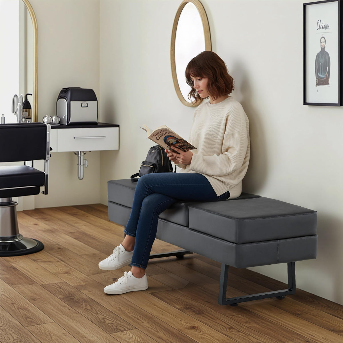 Barberpub Waiting Room Chairs, Heavy Duty Office Guest Reception Bench, Faux Leather Upholstered Lobby Chairs for Salon, Conference Room 7008