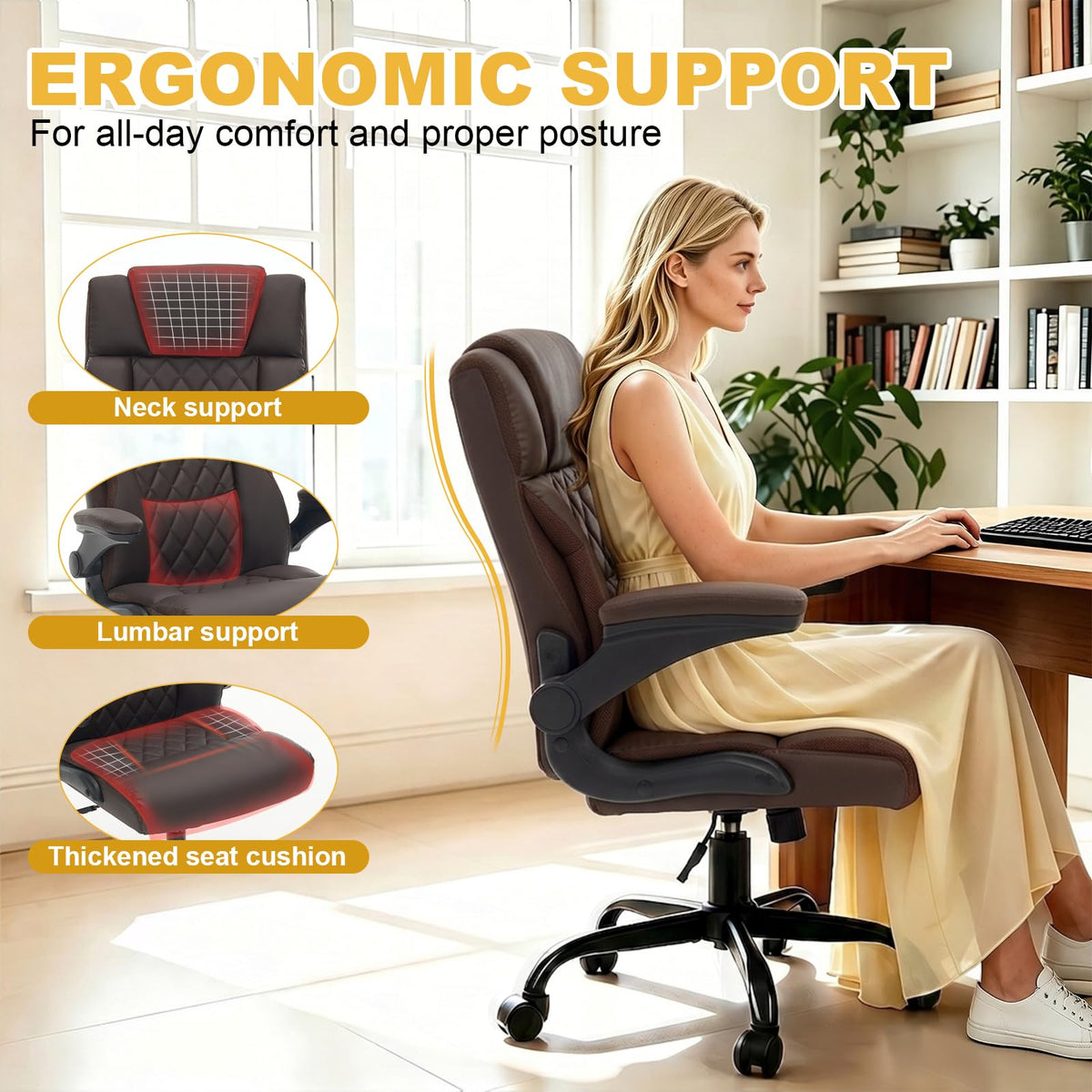 Lianva Ergonomic Office Chair, Executive Desk Chair with Flip-up Armrest, Swivel Computer Task Chair with Wheels for Home Office, Small Gaming