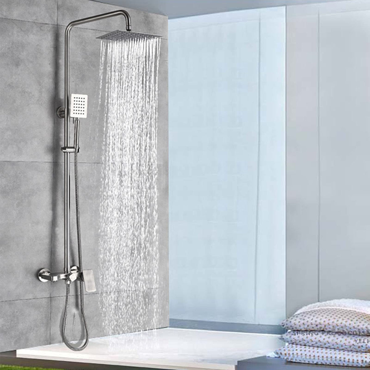 Shower Faucet Set Brushed Nickel, Stainless Steel 10 Inch Rainfall Shower Head Kit, Wall Mounted Bathroom Shower Mixer Tap, Outdoor Shower Fixtures