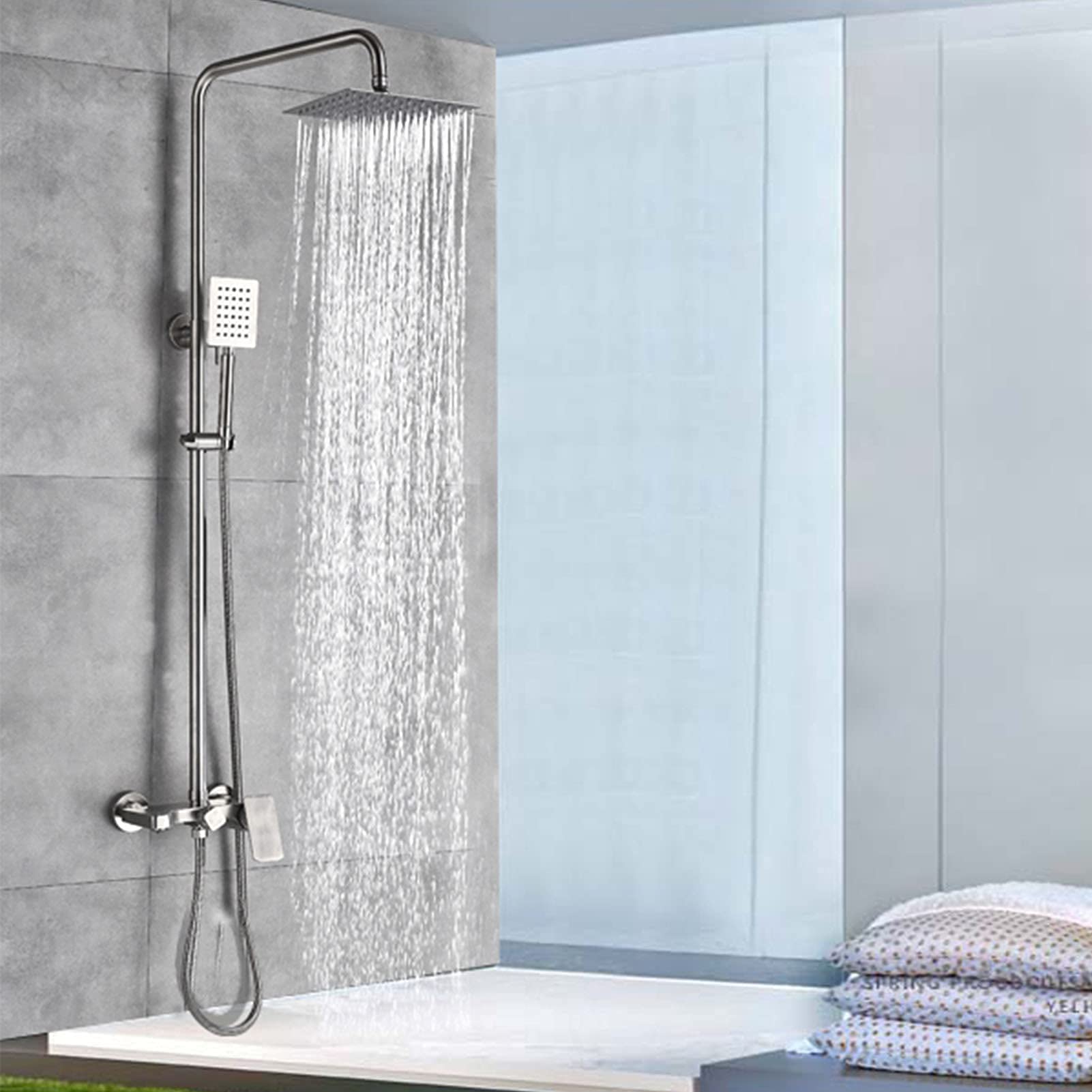 Shower Faucet Set Brushed Nickel, Stainless Steel 10 Inch Rainfall Shower Head Kit, Wall Mounted Bathroom Shower Mixer Tap, Outdoor Shower Fixtures