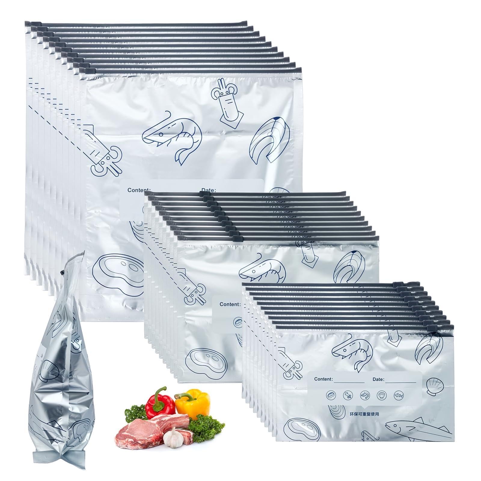 40PCS Reusable Aluminum Foil Storage Bags, Sealable Stand-Up Zipper Storage Bags for Food, Meal Prep & Kitchen in 3 Sizes(Small, Medium, Large)