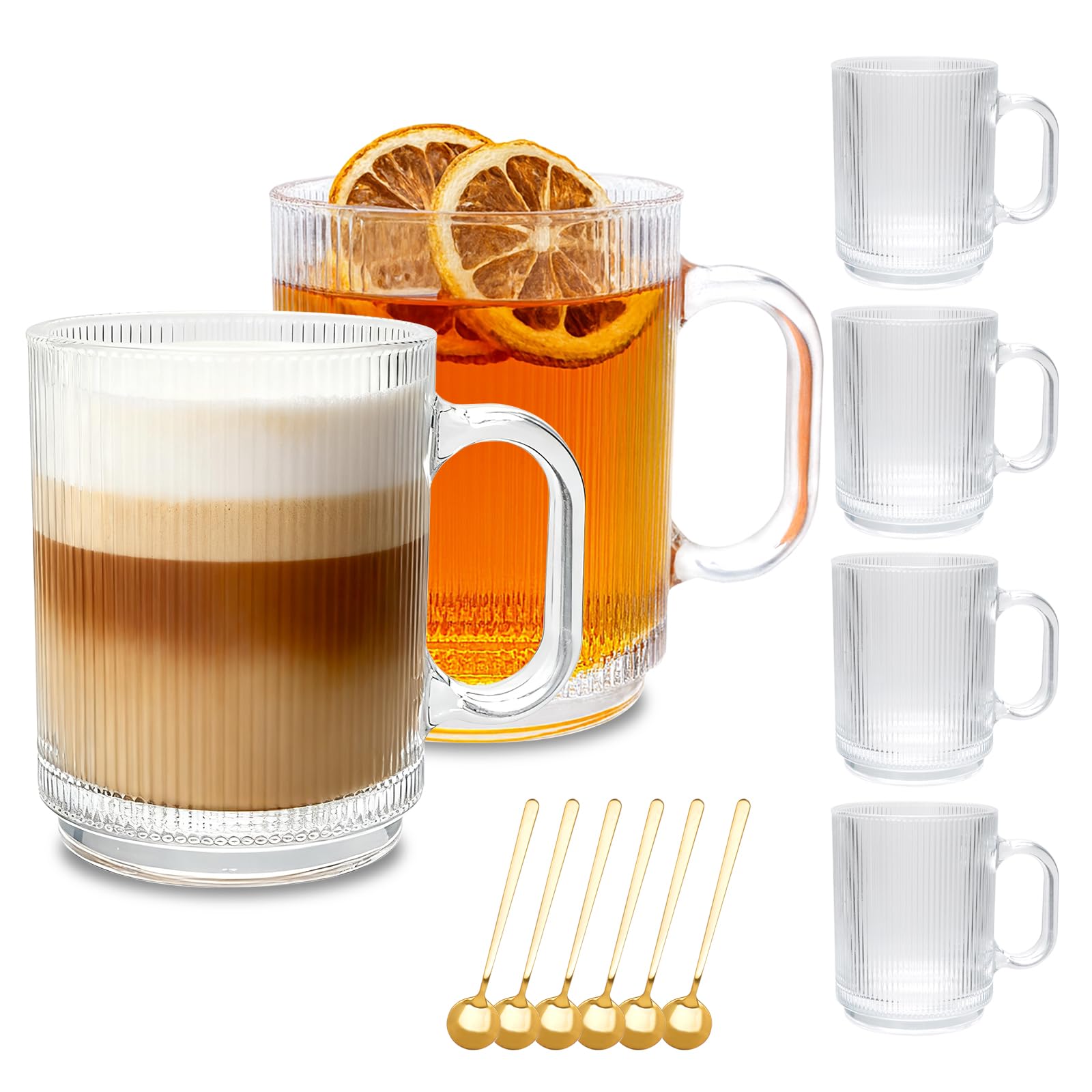 6 PACK Glass Coffee Cups with Handle & Spoon, 12 OZ Glass Coffee Mugs, Ribbed Glass Cups, Clear Tea Cup for Hot/Cold Beverages, Glassware Set for Americano, Latte, Cappuccino