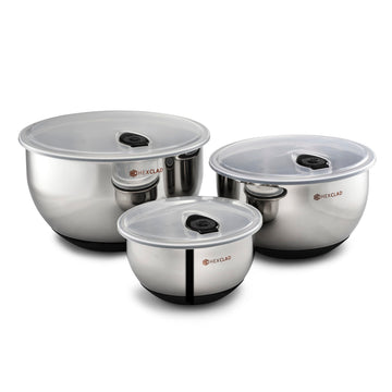 HexClad 3 Piece Stainless Steel Mixing Bowl Set with Vacuum Seal Lids