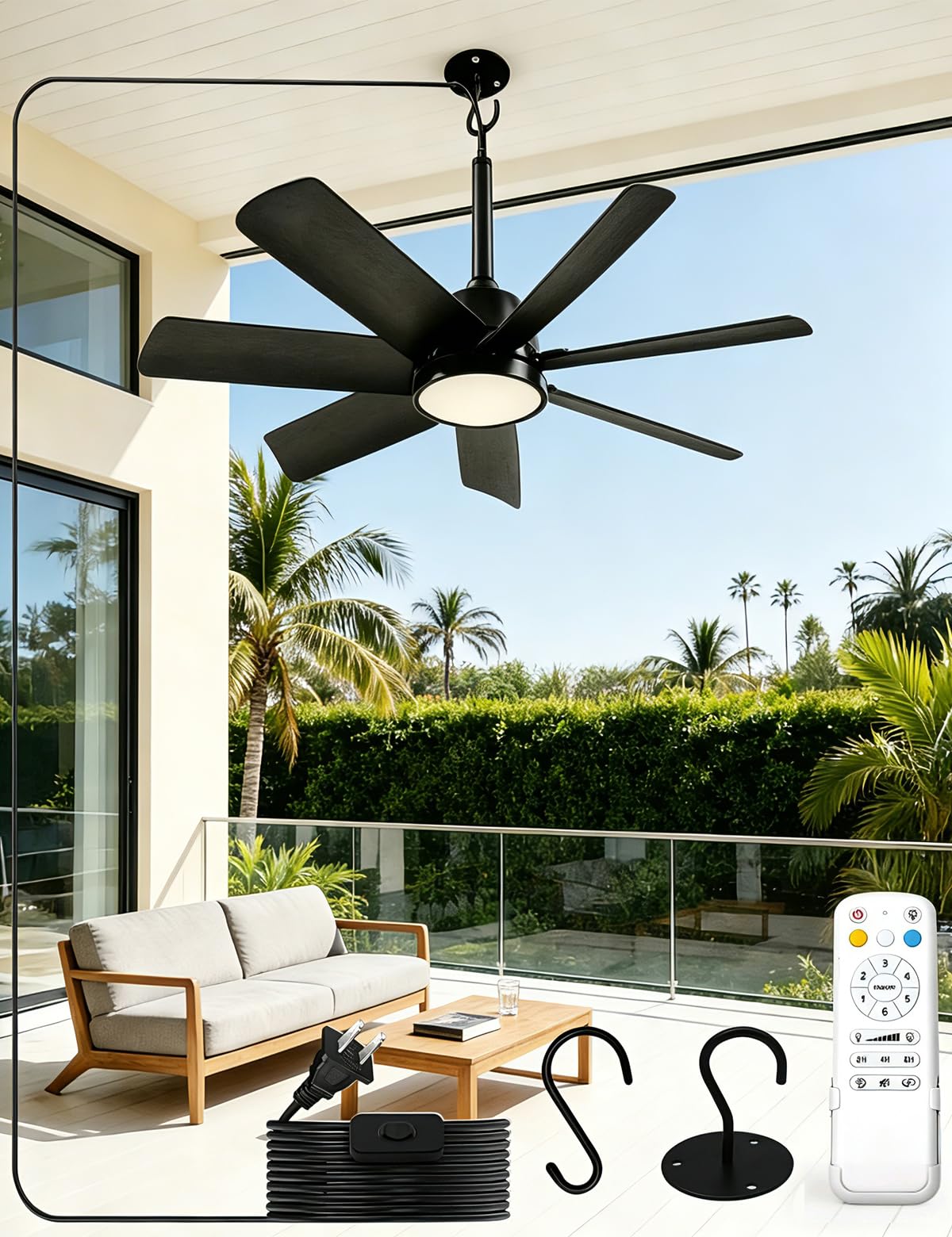 28 Inch Plug-In Outdoor Ceiling Fan with Lights and Remote, LED Gazebo Hanging Fan with Hook, 3CCT 3000K-6500K Dimmable Gazebo Fan, 6-Speed Quiet Ceiling Fan with Timer for Patio, Porch, Garage, Black